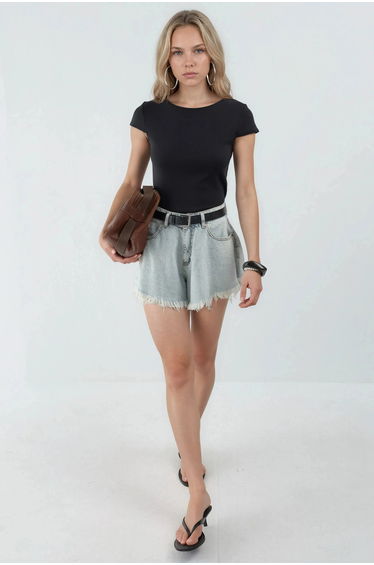 BUSEM Crew Neck Short Sleeve Cotton Blend Blouse