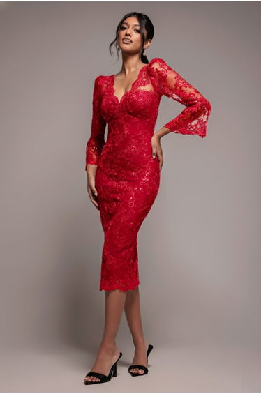 Goddiva Scallop Lace Midi Dress - Red