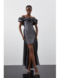 Metallic Off Shoulder High Low Tailored Maxi Dress