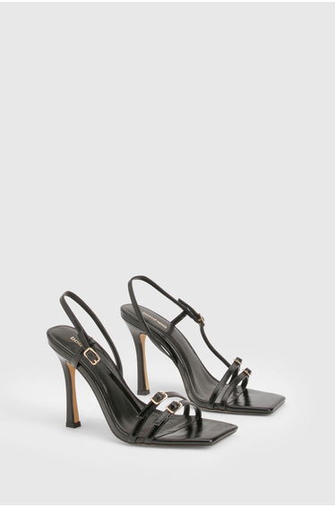 Strappy Buckle Square Toe Heels - black