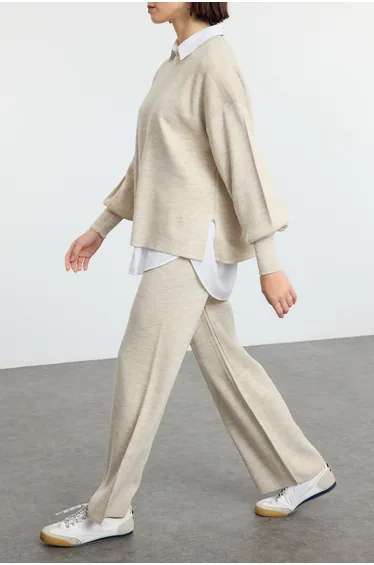 Stone pattern wide fit basic knit bottom - top set