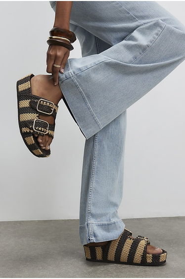 Brown Stripe Raffia Footbed Sandals
