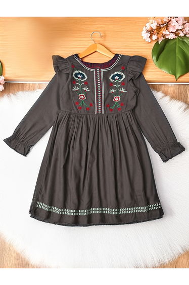 Embroidered Ruffle Trim Cotton Dress