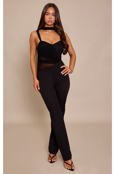 Black Woven Mesh Detail Jumpsuit