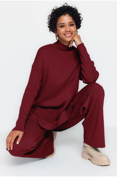 Burgundy Slit Wide Leg Knitwear Bottom-Top Set
