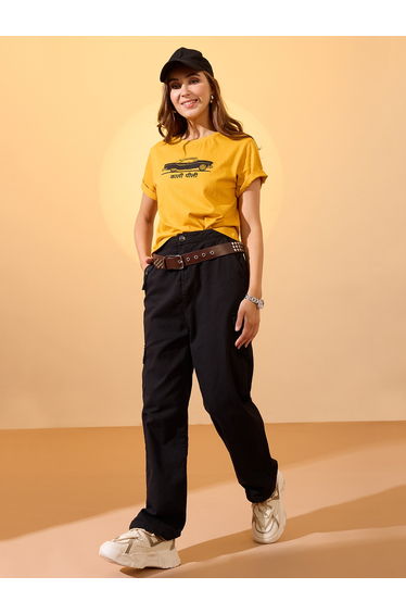 Yellow Car Graphic Print Boxy Crop T-Shirt