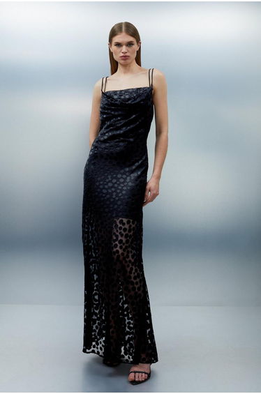 Polka Dot Devore Strappy Woven Maxi Dress