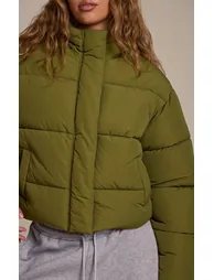 Khaki Cropped Drawstring Puffer Jacket - 3