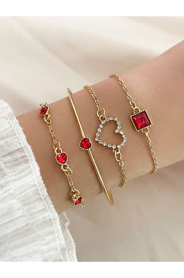 Set of 4 - Rhinestones Heart Decor Bracelet