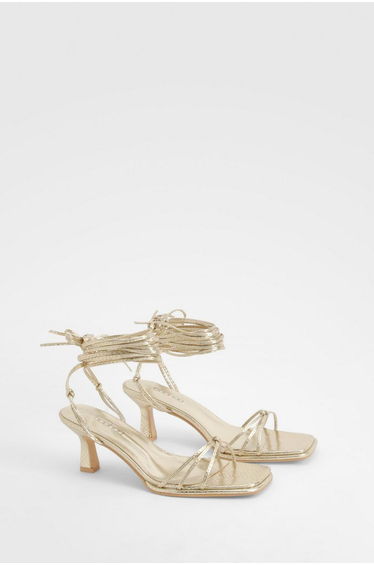 Wide Fit Metallic Croc Strappy Heels - gold