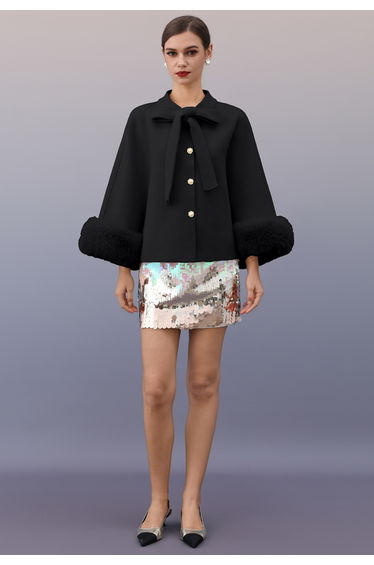 Faux Fur Cuffs Bow-Tie Button Knit Cape Coat in Black