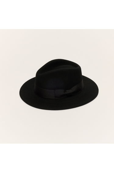 Black Wool Felt Fedora Hat With Bow Band
