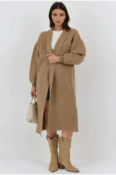 كارديغان بني محبوك بأكمام طويلة