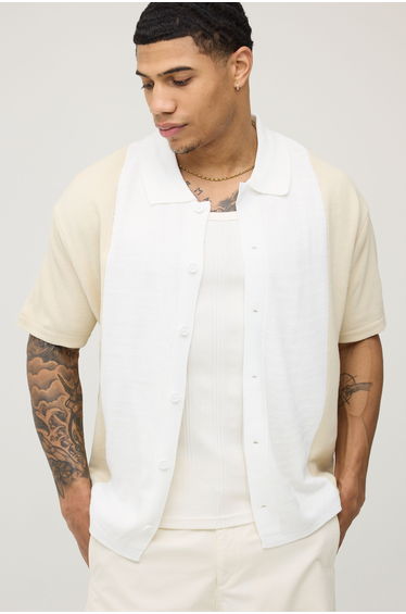 Relaxed Boxy Colour Block Knitted Shirt - stone