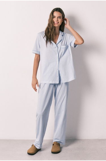 100% cotton striped blue shirt-style pajamas
