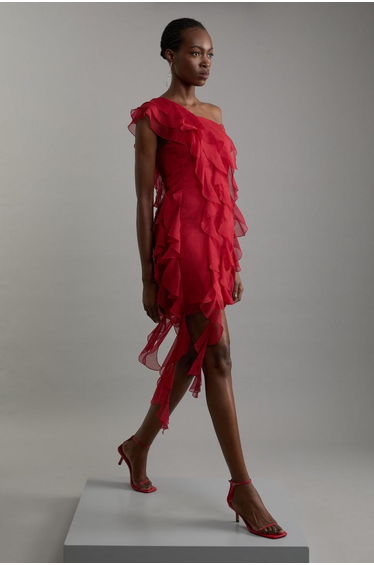 Premium Viscose Georgette Panelled Ruffle Detail Woven Midi Dress