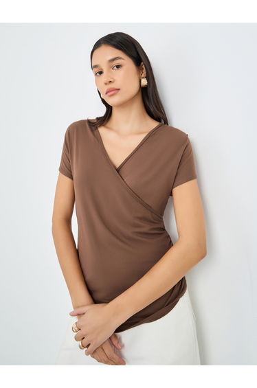 Short Sleeve V Neck Knit Wrap Top