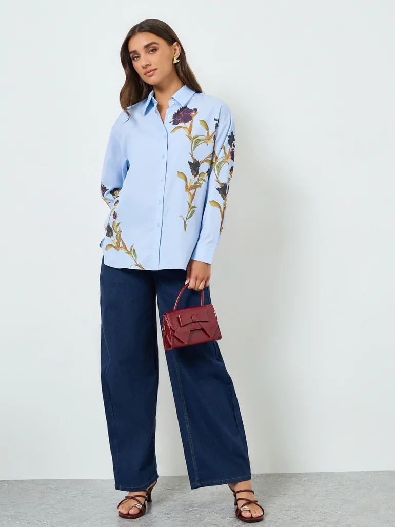 Women Blue Placement Floral Print Oversized Shirt