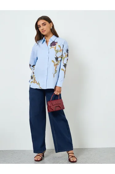 Women Blue Placement Floral Print Oversized Shirt