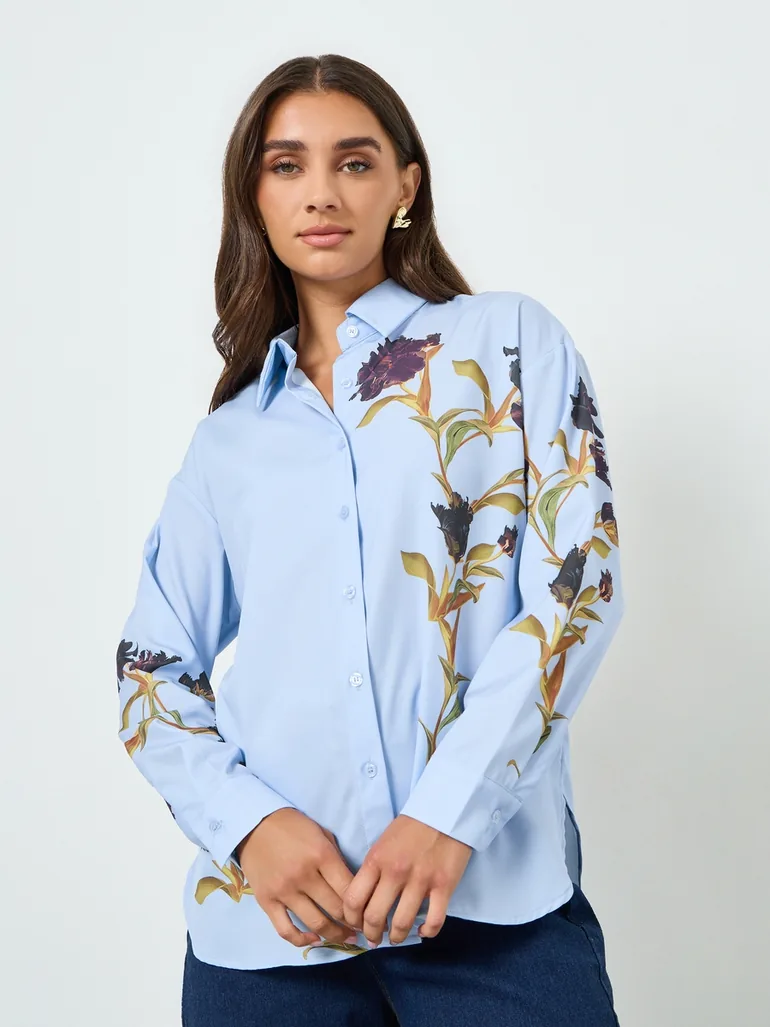 Women Blue Placement Floral Print Oversized Shirt - 2