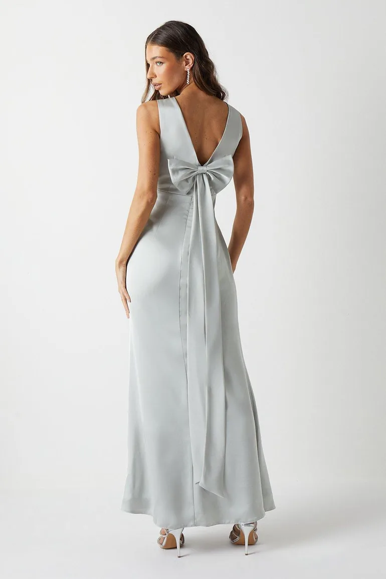 Bow Back V Neck Satin Dress - 2