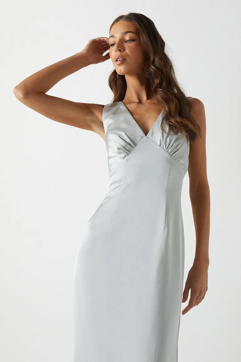 Bow Back V Neck Satin Dress - 1