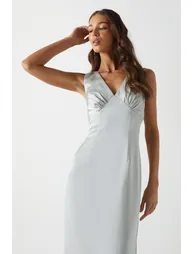 Bow Back V Neck Satin Dress - 1