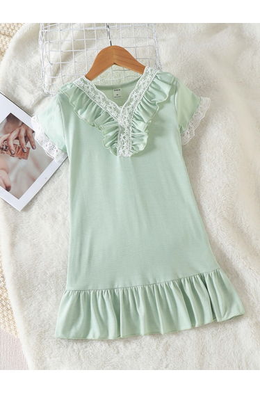 Girls Green Lace Trim Short Sleeve Nightdress