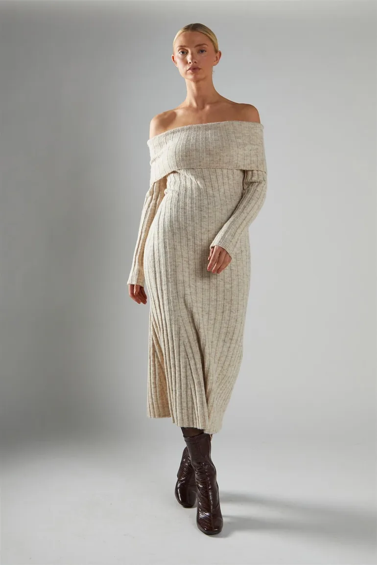 Stone-Marl Bardot-Knit Midi-Dress Glamorous Beige : Day Dresses :  VogaCloset Oman