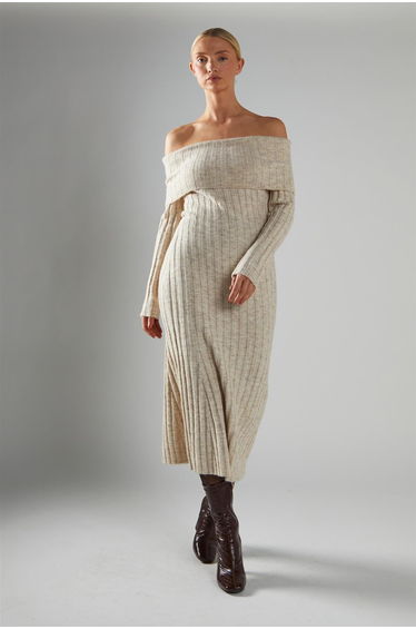 Stone-Marl Bardot-Knit Midi-Dress