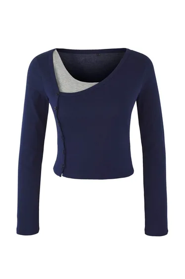 Teen Navy Blue-Gray 2-Piece Set Asymmetrical Collar Buttoned Body-Smoothing Flexible Knitted Blouse