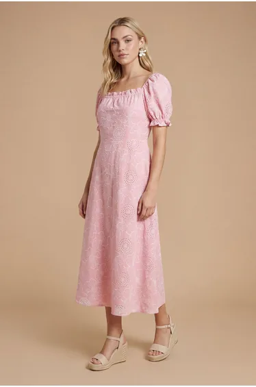 Embroidered Puff Sleeve Midi Dress