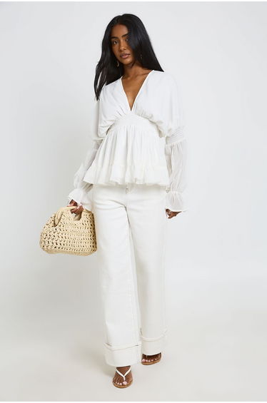 V-Neck Blouson Sleeve Volume Smock Top - white