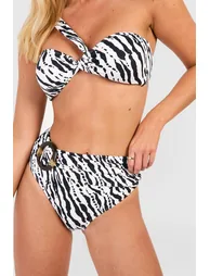 Zebra Textured Belted High Waist Bikini Brief - white - 2