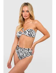 Zebra Textured Belted High Waist Bikini Brief - white