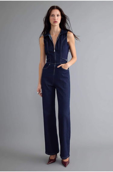 Dark Blue Medium Stretch Shirt Collar Denim Jumpsuit