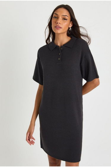Tall Collared Button Down Oversized Knitted Dress - charcoal
