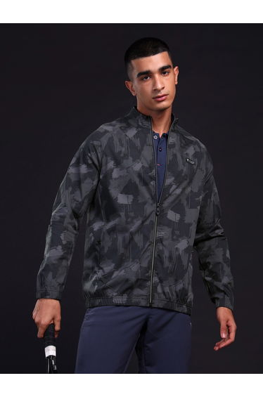 Men Printed Mock Neck Slim Fit Jacket with TS FLEXI