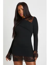 Mixed Rib and Lace Insert Flare Sleeve Mini Dress - black - 1