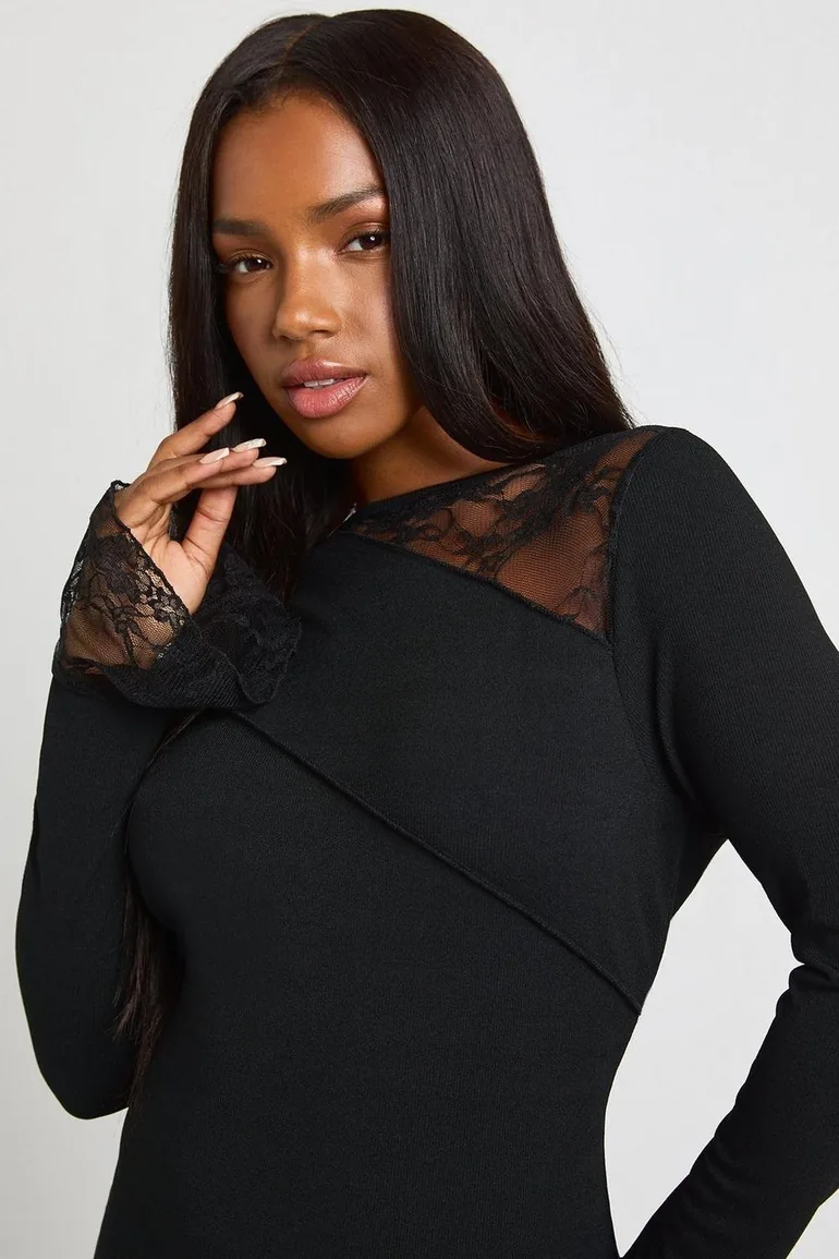 Mixed Rib and Lace Insert Flare Sleeve Mini Dress - black - 3