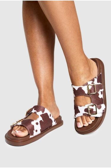 Cow Print Buckle Sandals - tan