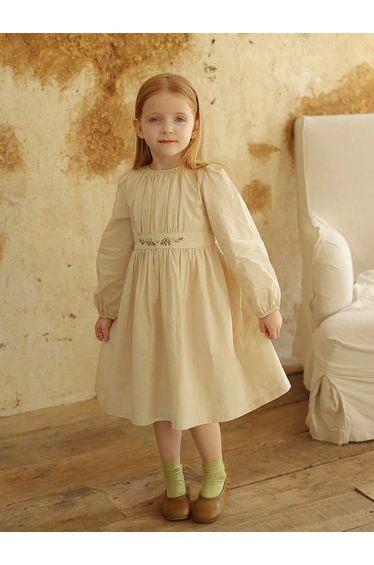 Girls Beige Floral Embroidered Long Sleeve Dress