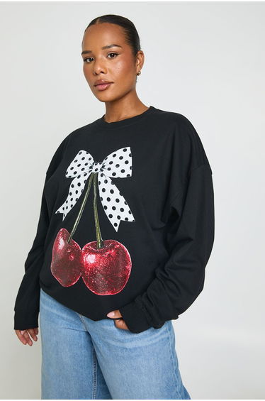 Plus Polka Dot Bow Cherry Graphic Sweatshirt - black