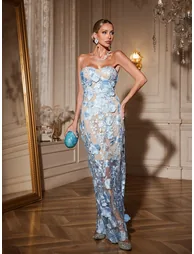 Avital Strapless Flower Maxi Dress In Sky - 2