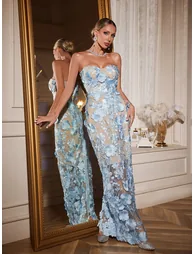 Avital Strapless Flower Maxi Dress In Sky - 3