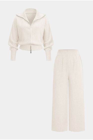 Knit Zipper Long-Sleeve Hoodie And Shirred Waistband Zipper Wide Leg Pants Set