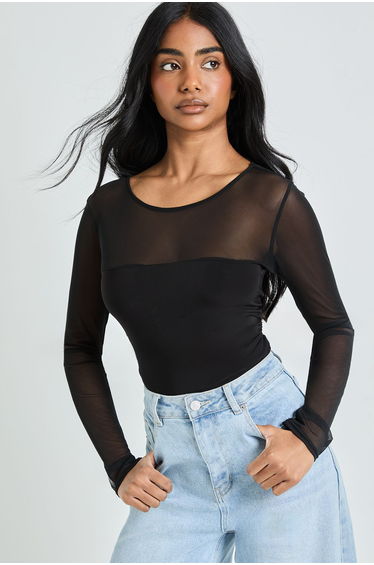 Mesh Panel Front Long Sleeve Bodysuit - black