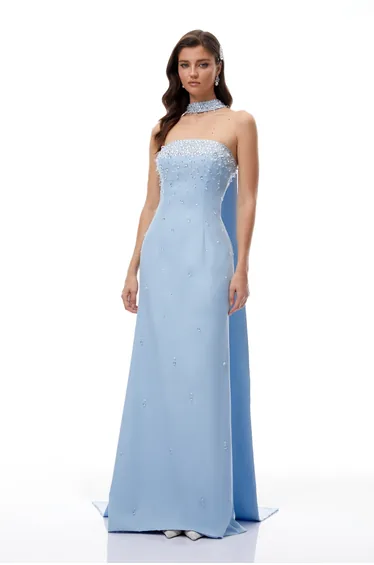 فستان ماكسي بتفصيلة وشاح مزين بأحجار - أزرق