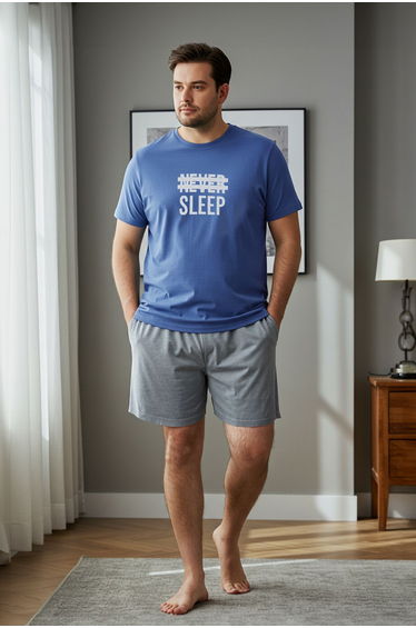 Blue Regular Fit Knitted Shorts Plus Size Pajama Set