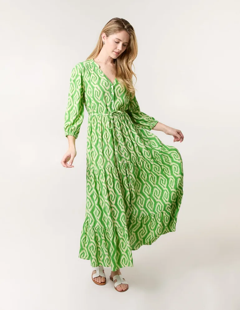 Abstract Button Front Belted Dress - 3